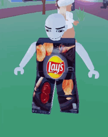 a cartoon character with a box of lays chips on his back