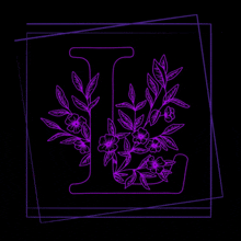 a letter l with purple flowers and leaves on a black background