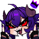 a pixel art drawing of a demon girl with purple hair and red eyes .