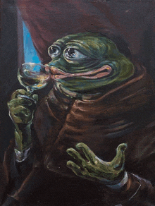 a painting of a green frog drinking from a glass