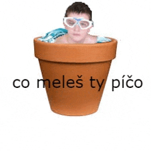 a boy is swimming in a pot with the words co meles ty pico written on it .