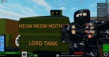 a video game character is standing next to a box that says meow meow moth and lord tank