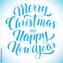 merry christmas and happy new year hand lettering on a blue background