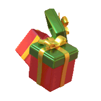 a green and red gift box with a gold ribbon