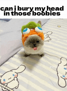 a cat laying on a bed with a caption that says can i bury my head in those boobies