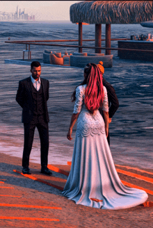 a man in a suit stands next to a woman in a wedding dress with pink hair