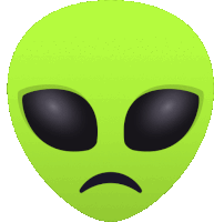 a green alien face with black eyes and a sad look on its face