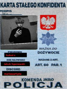 a passport with a picture of a man taking a selfie and the words karta stalego konfidenta