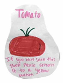 a drawing of a tomato on a piece of paper that says " if you have seen this please return it to a yellow bucket "