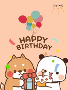 a happy birthday card with a shiba inu and a panda