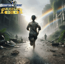 a poster for museum bola shows a woman running through a flooded area