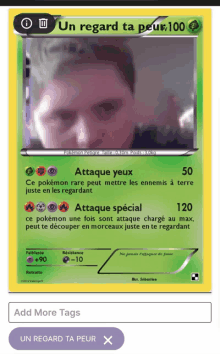 a screenshot of a pokemon card that says un regard ta peur 100 on it