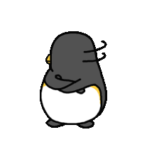 a cartoon penguin is standing with his arms crossed and a swirl on his head .