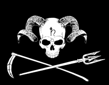 a black and white drawing of a skull with horns and crossed scythes