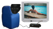 a tv with a picture of a man laying in a pool on the screen