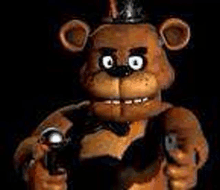 five nights at freddy 's freddy the bear is holding a microphone and pointing at the camera .