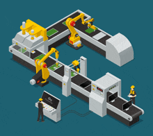 an isometric illustration of a conveyor belt with a monitor that says pneumatics