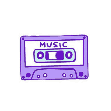 a purple cassette tape with the words `` music '' written on it on a white background .