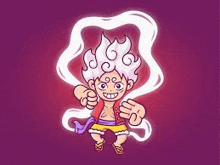 a cartoon character with white hair and smoke coming out of his mouth is standing on a purple background .