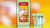 a cartoon of a bottle of koi vodka next to a shot glass