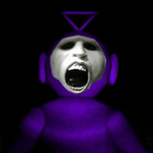 a purple toy with a white face and a triangle on its head is screaming .