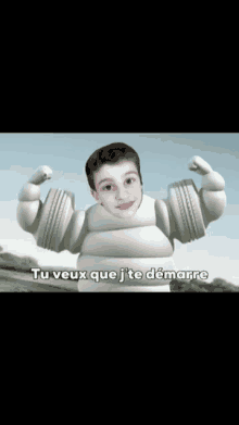 a boy in a tire costume is flexing his muscles and the words tu veux que j te demarre are below him