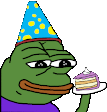 the frog is wearing a party hat and holding a piece of cake .