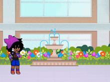 a girl in a purple hat stands in front of a fountain in a garden