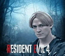 a poster for resident evil 4 with a man in a wig