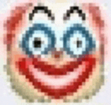 a pixel art of a clown 's face with glasses and a red nose .