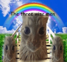 a picture of three cats with a rainbow in the background and the words " the three wise men " on the bottom