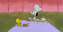 a cartoon of snoopy and woodstock eating pie on a table