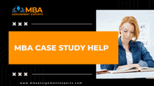 a woman sits at a desk with a book in front of a white board that says mba case study help