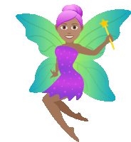 a fairy with purple hair and green wings holding a magic wand