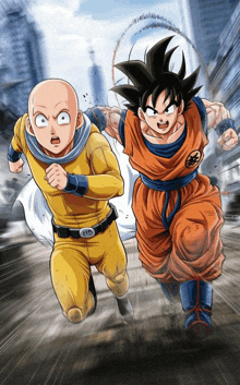 a cartoon of goku and saitama running together