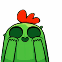 a cartoon cactus with a red crest on its head is covering its eyes .