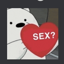 a cartoon bear is holding a red heart with the word sex written on it