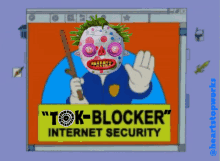 a cartoon character is holding a stick in front of a sign that says " tok-blocker " internet security