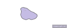 a cartoon drawing of a purple blob with two eyes on a white background .