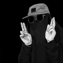 a black and white drawing of a person wearing a hat and sunglasses making a peace sign .