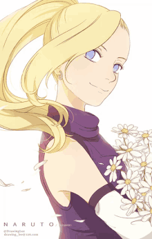 a girl with blonde hair and blue eyes is holding a bouquet of daisies with naruto written on the bottom