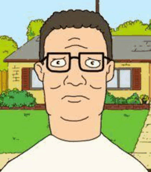 a cartoon of a man wearing glasses and a white shirt in front of a house .