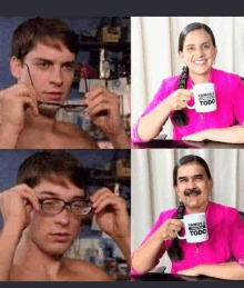 a man with glasses and a woman holding a mug that says vamos a todo