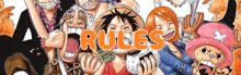 a group of anime characters with the word rules written in orange