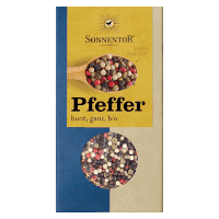 a packet of sonnentor pfeffer has a wooden spoon full of peppercorns