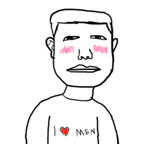 a drawing of a man wearing a shirt that says " i love men "