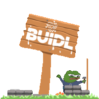 a frog is holding a hammer in front of a sign that says build