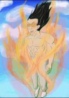 a drawing of a man with fire coming out of his body