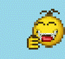 a pixel art of a smiley face with braces on it 's teeth on a blue background .