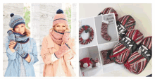 a woman wearing a scarf and mittens next to a yarn ball that says double knit on it